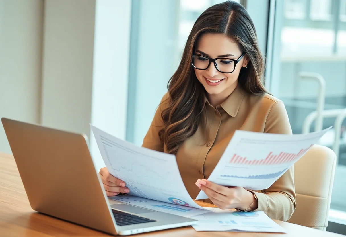 A confident woman reviewing complex financial documents and charts on a modern laptop.