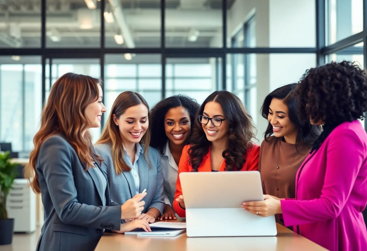 A diverse group of professional women collaborating in a modern office setting.