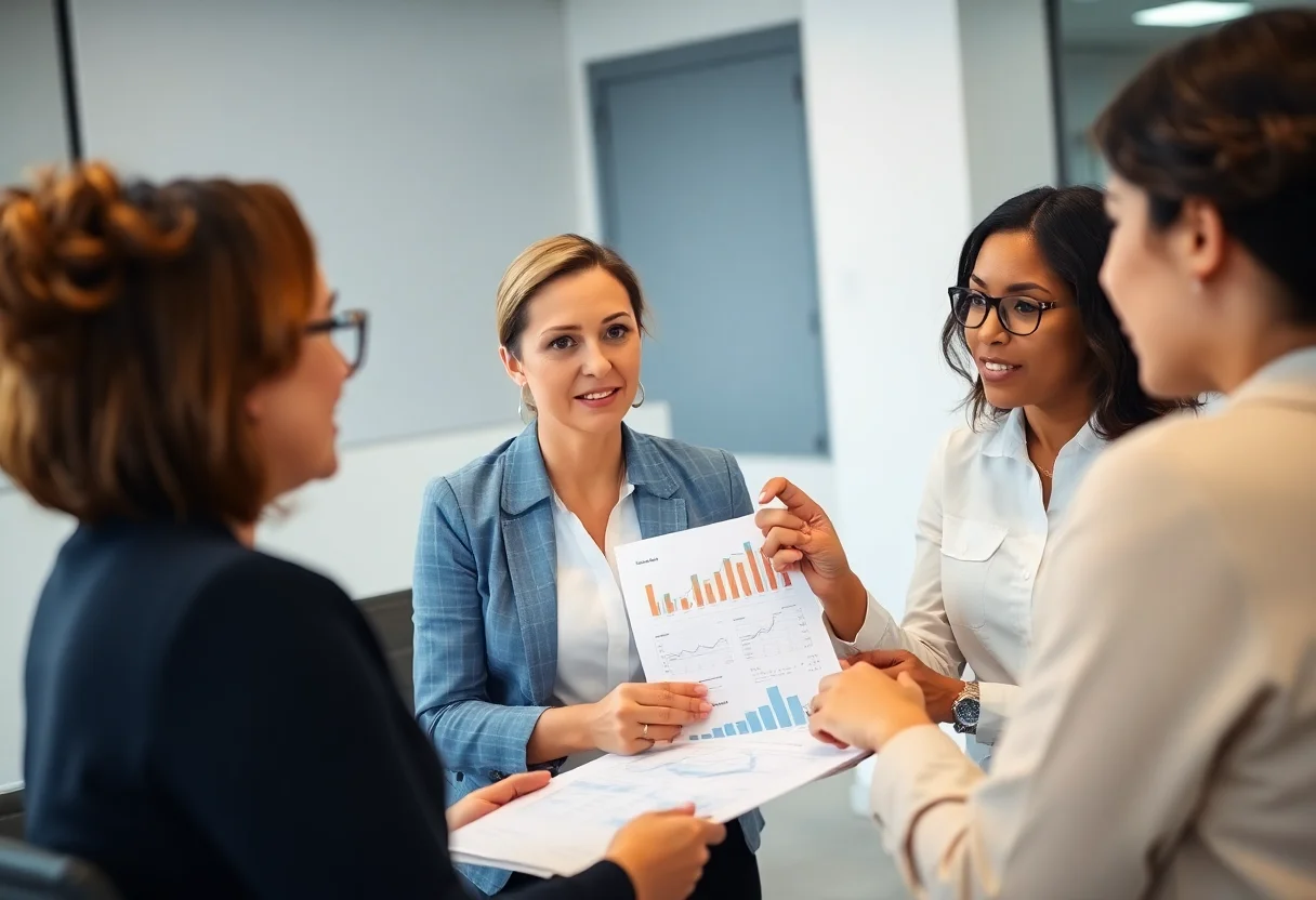A group of women in a collaborative seminar setting, discussing financial charts.
