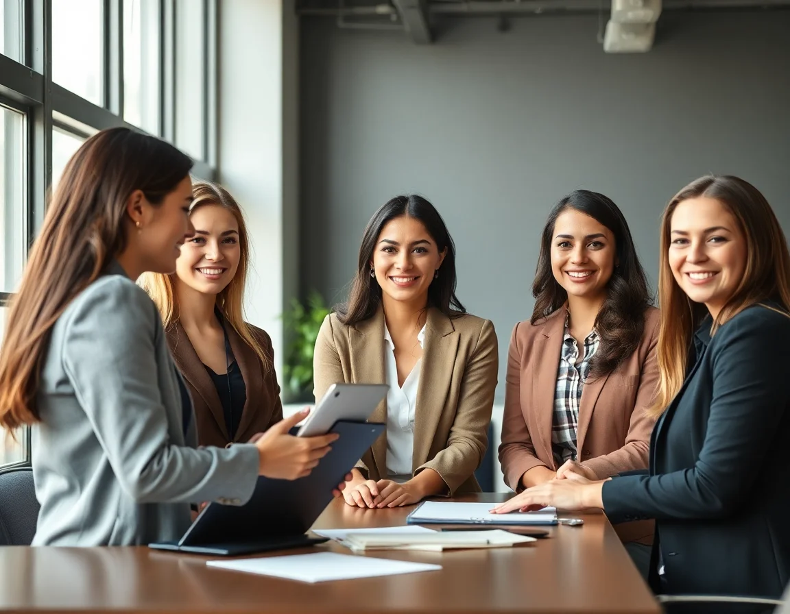 A team of professional women collaborating in a modern office.