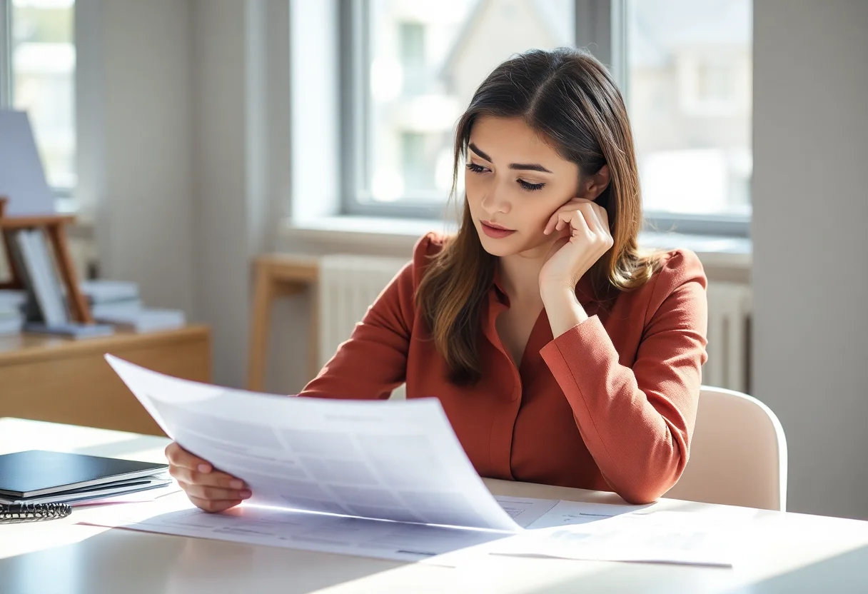 A woman thoughtfully reviewing financial documents at a sunlit desk.