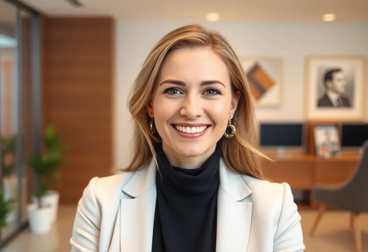 Professional and friendly female financial advisor smiling in a modern office.